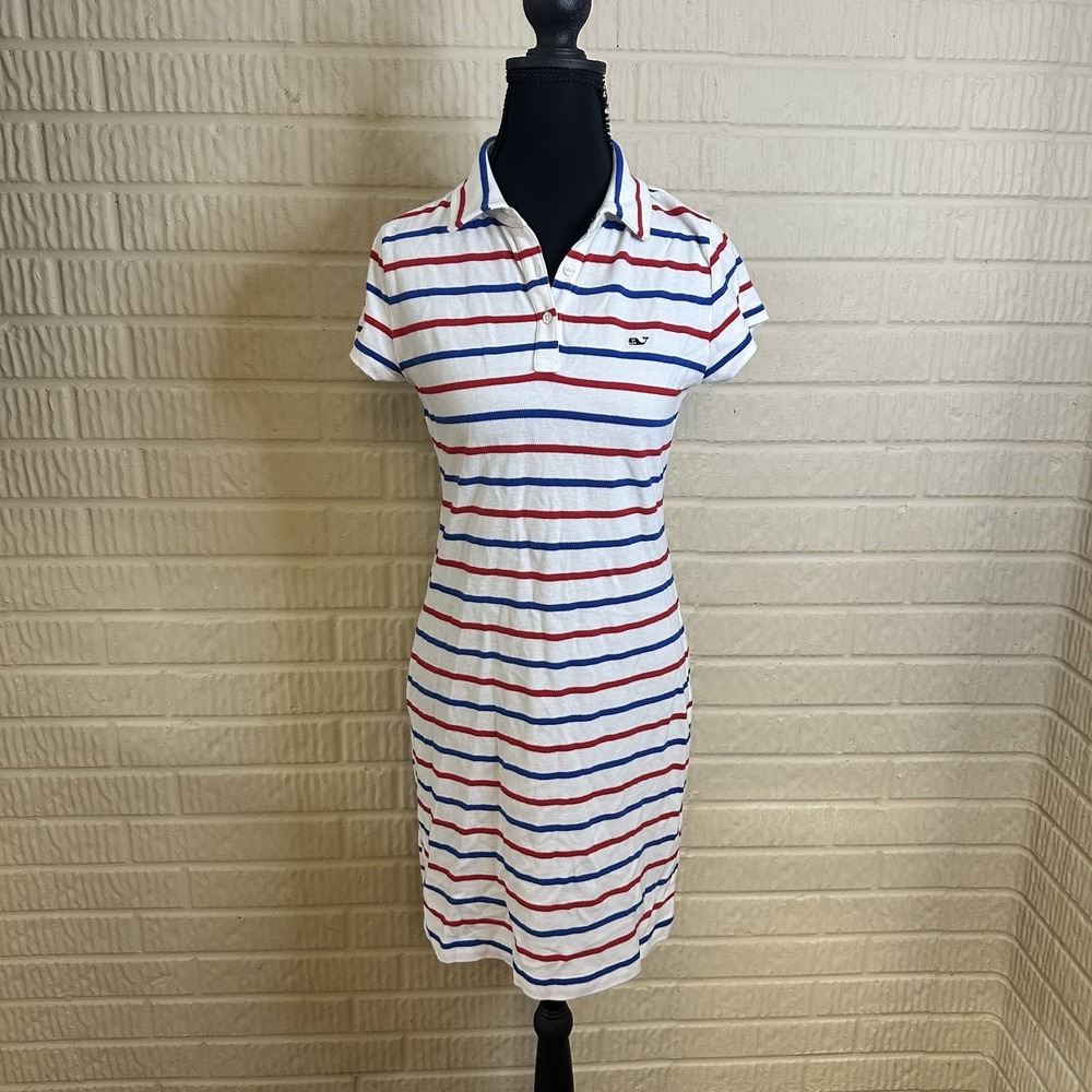 Vineyard Vines Red White Blue Striped Collared Pique Cotton Shirt Dress XXS USA